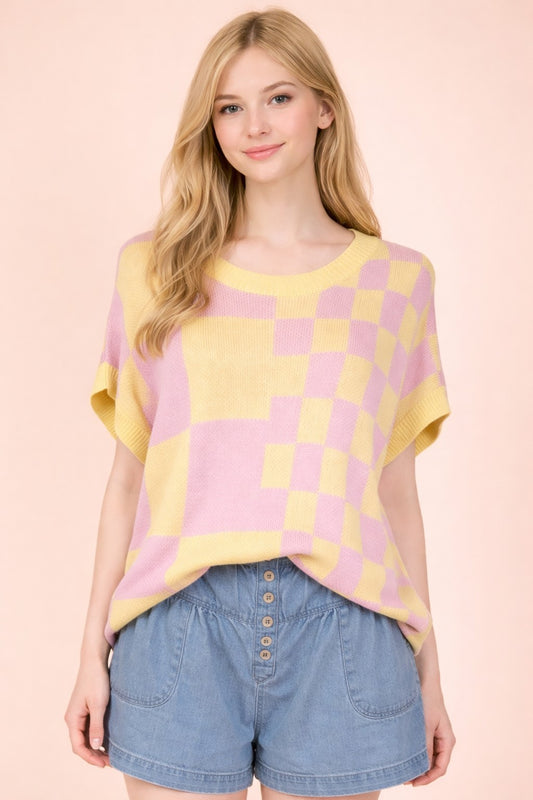 Yellow multi-color knit top with checkered pattern and soft textured fabric