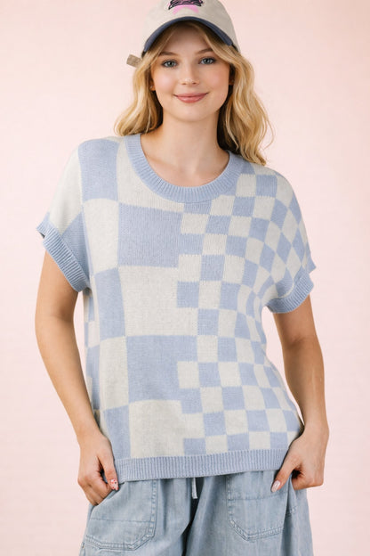 Sky blue multi-color knit top with checkered pattern and soft textured fabric