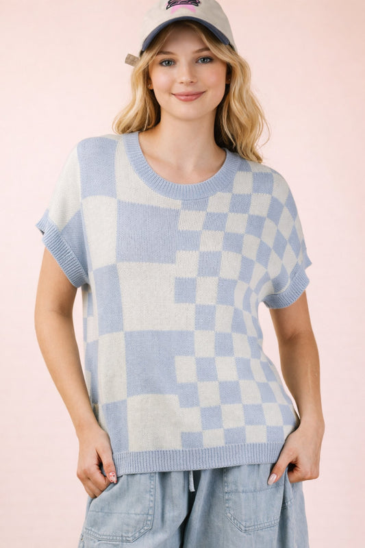Sky blue multi-color knit top with checkered pattern and soft textured fabric