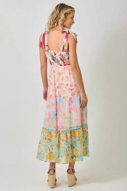 Rose mix tiered midi dress with smocked bodice, sweetheart neckline, ruffled straps, and flowing skirt