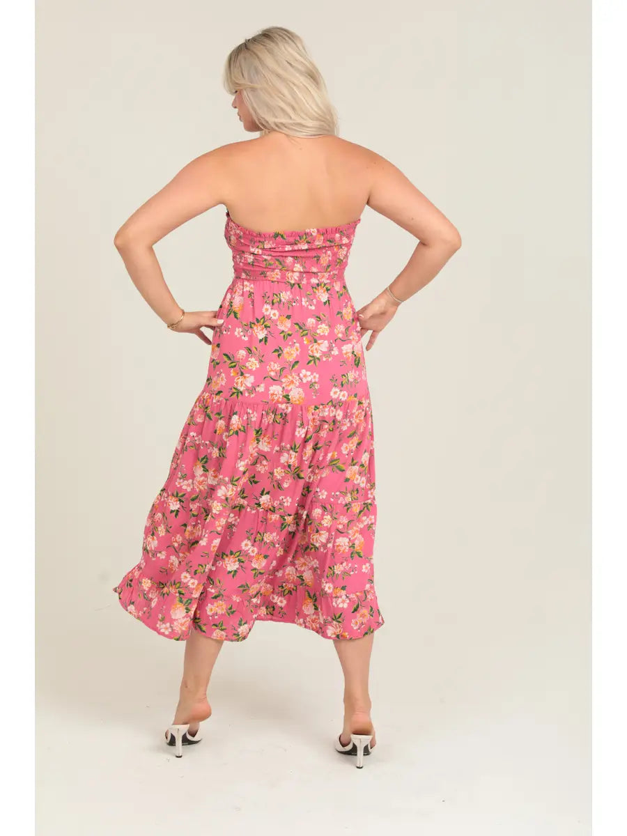 Strapless sherbet pink maxi dress with smocked bodice and tiered skirt flowy silhouette