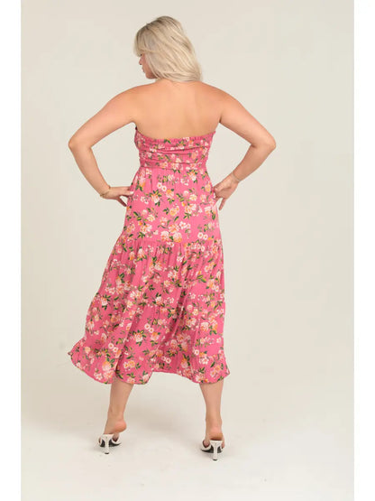 Strapless sherbet pink maxi dress with smocked bodice and tiered skirt flowy silhouette