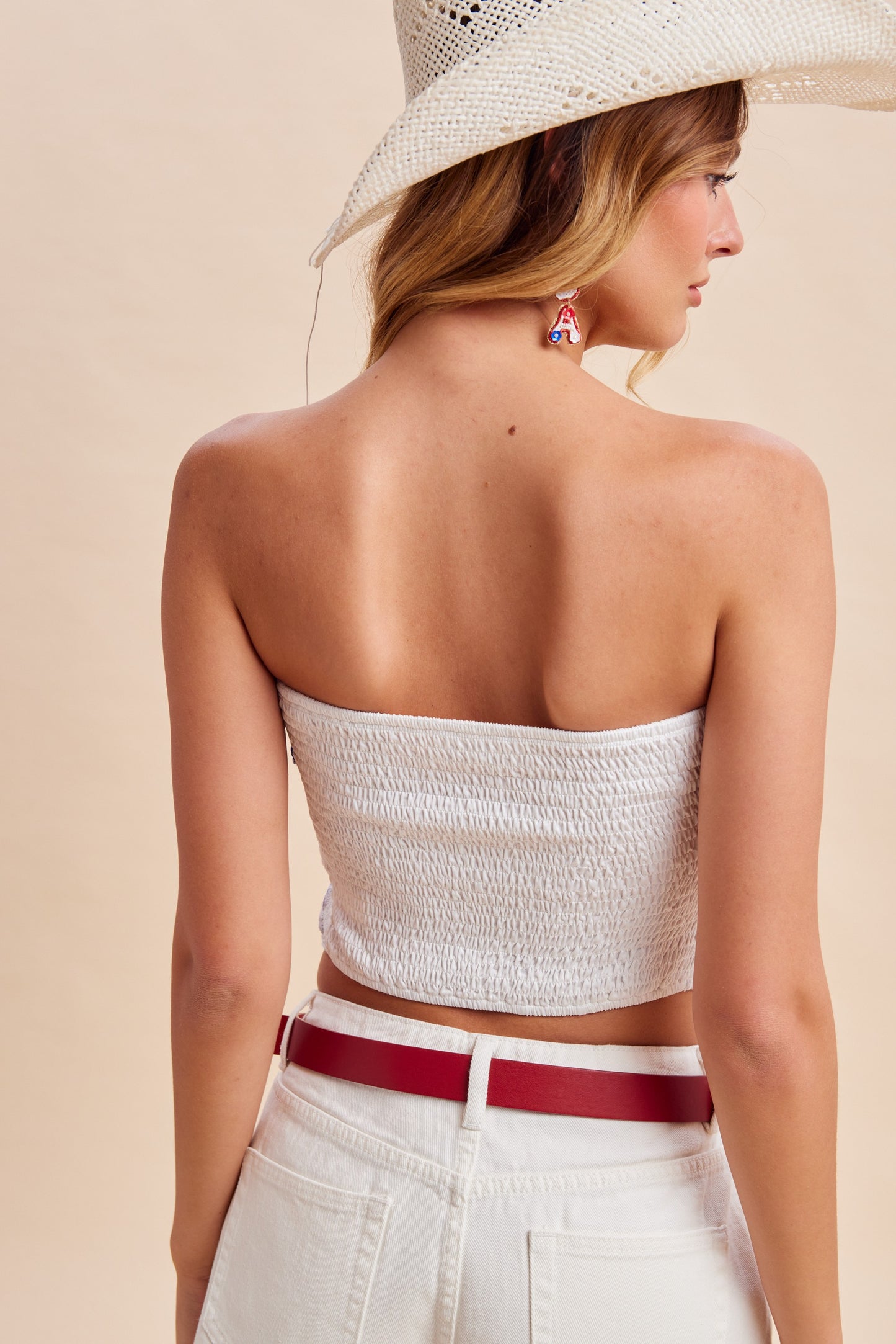 Patchwork scarf tube top with star and stripe print, floral lace panel, and smocked back detail