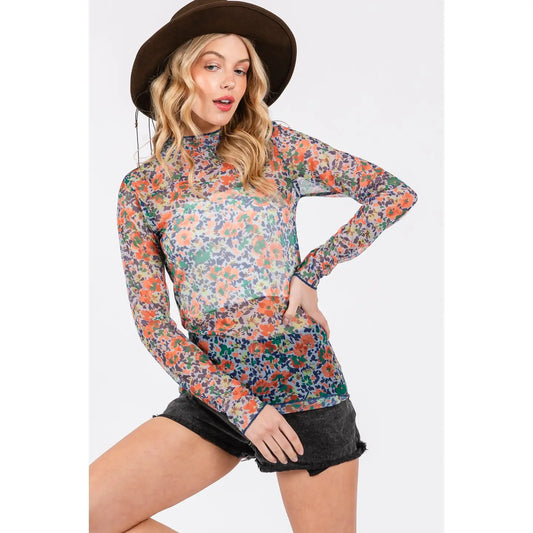 Blue Floral Mesh Top