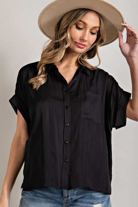Black short sleeve button down blouse top with collar and pocket — Easy Breezy Button Down Top from Frost Impressions Boutique.