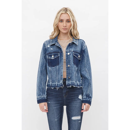 Boyfriend style cropped denim jacket with undone hem, relaxed fit, and classic button front