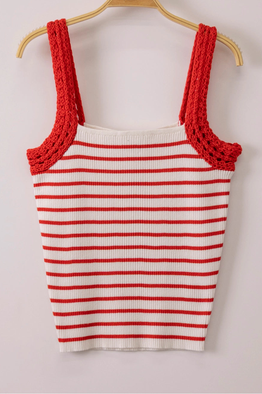Striped knit tank top with crochet sleeve detail in fitted silhouette available in multiple colors