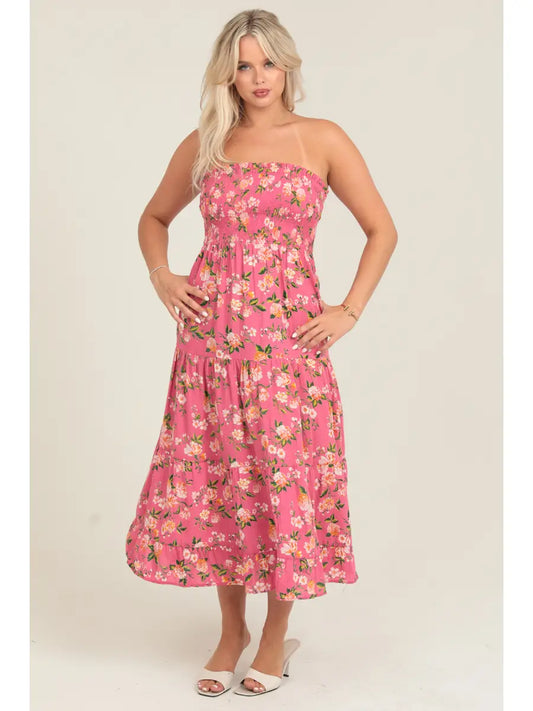 Strapless sherbet pink maxi dress with smocked bodice and tiered skirt flowy silhouette