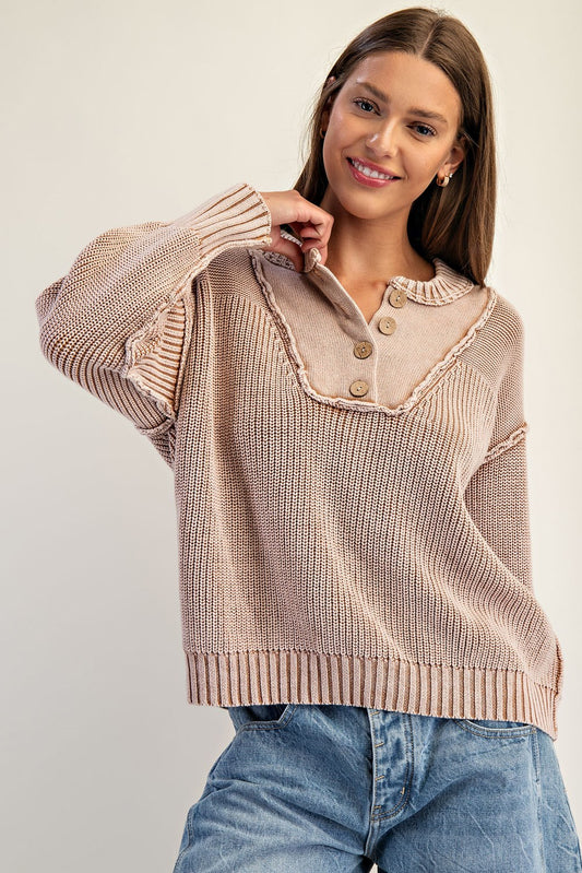Half button front long sleeve knit pullover sweater with wooden buttons — Frost & Cozy Pullover from Frost Impressions Boutique.