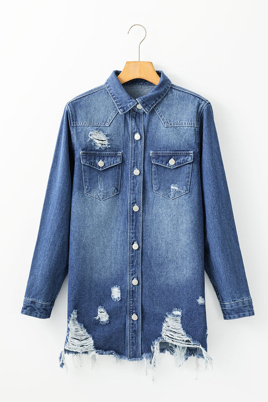 Frayed Long Denim Shirt Jacket