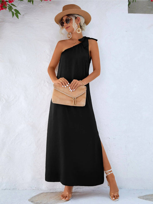 One Shoulder Slit Maxi Dress (Black)