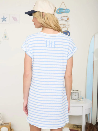 Textured stripe knit t-shirt mini dress with cuffed sleeves, pocket detail, and relaxed fit