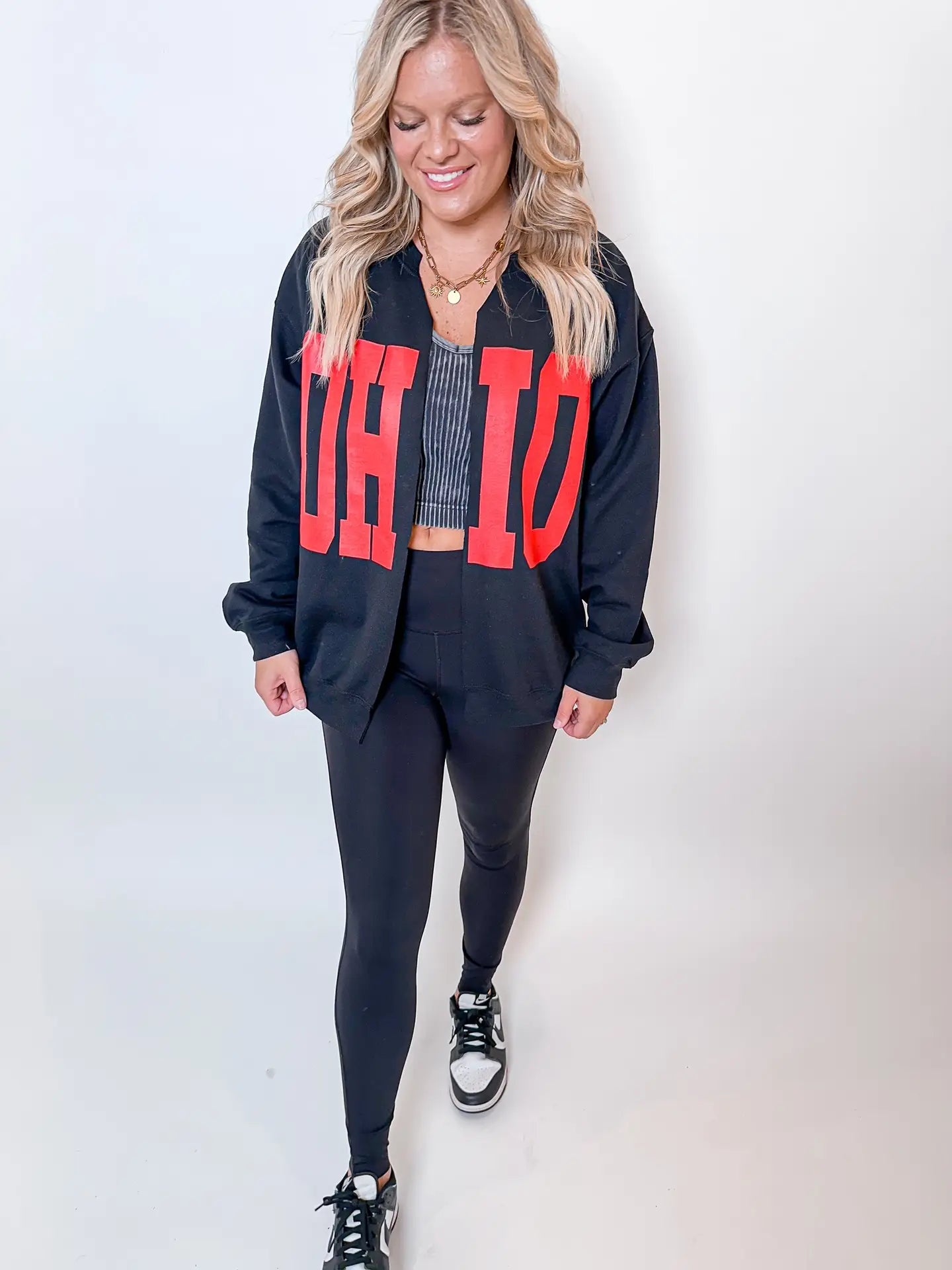 Black Ohio Cardigan — oversized black Gildan sweatshirt with raw edge and bold Ohio State game day screen print, available at Frost Impressions Boutique in Wapakoneta, Ohio.