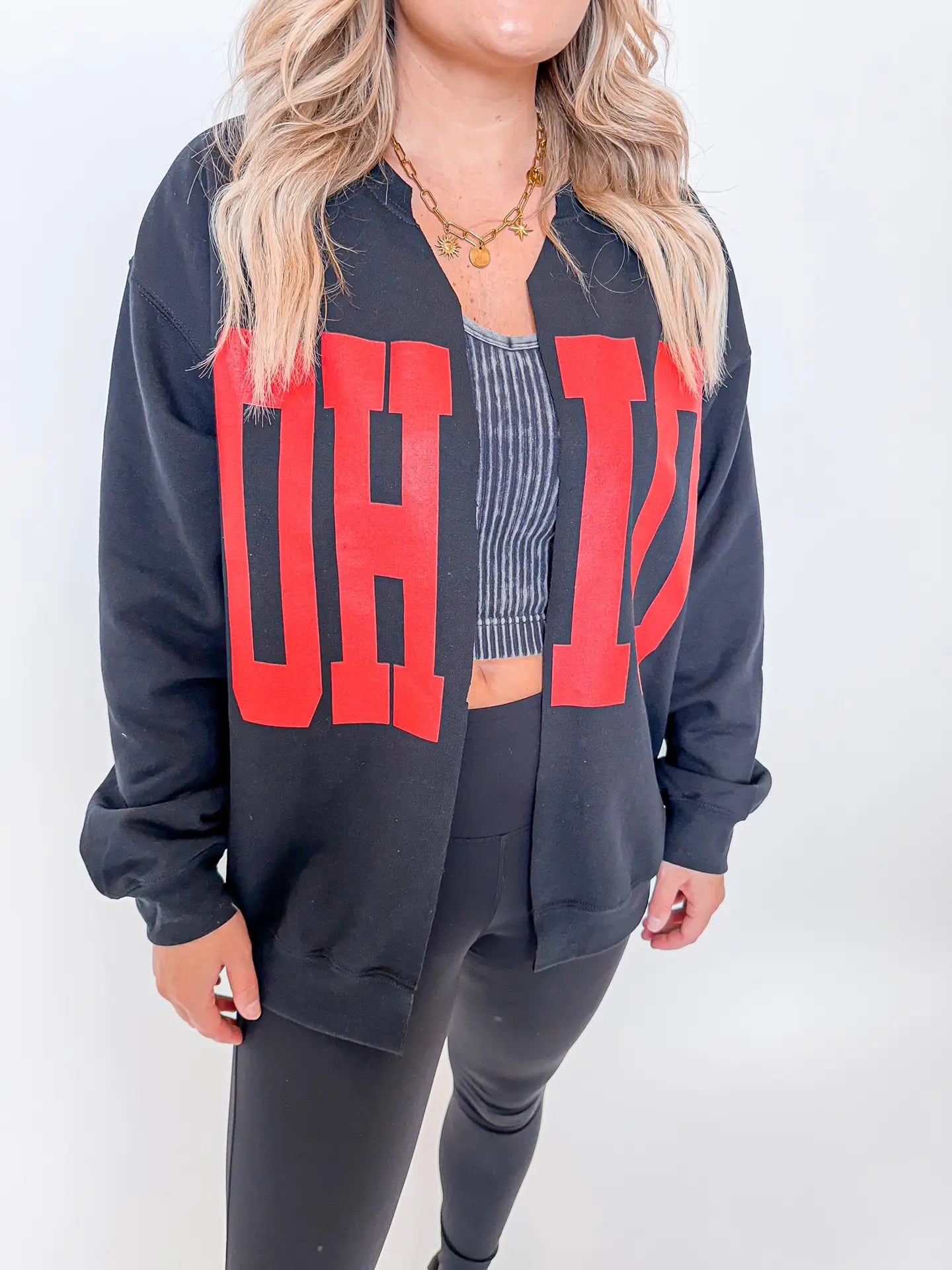 Black Ohio Cardigan — oversized black Gildan sweatshirt with raw edge and bold Ohio State game day screen print, available at Frost Impressions Boutique in Wapakoneta, Ohio.