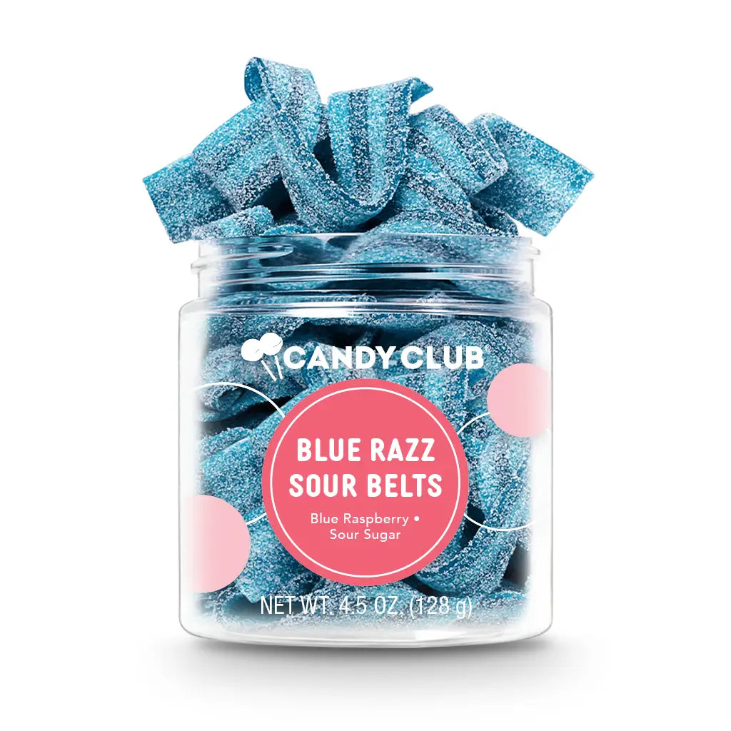 Avery’s Blue Razz Sour Belts from Candy Club — blue raspberry flavored sour belts dusted with sour sugar, available at Sweet Impressions by Avery.