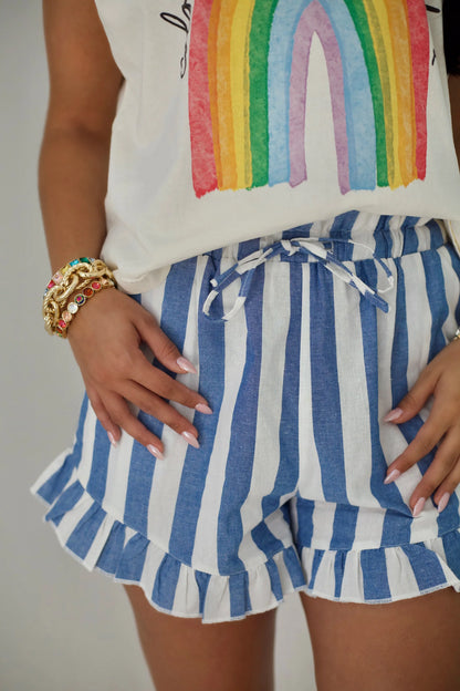 Bluebell blue stripe ruffle shorts with flattering fit and lightweight summer fabric