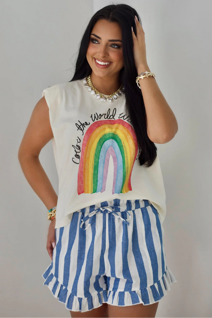 Bluebell blue stripe ruffle shorts with flattering fit and lightweight summer fabric