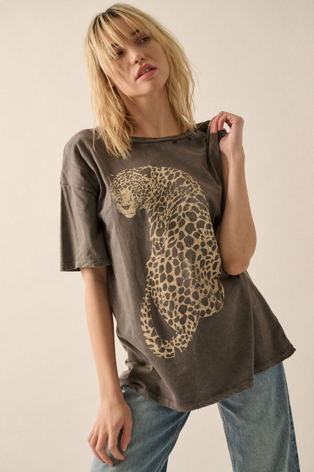 Wild Thing Mineral Tee — vintage cheetah graphic mineral-washed oversized t-shirt in iron gray from Frost Impressions Boutique in Wapakoneta, Ohio.