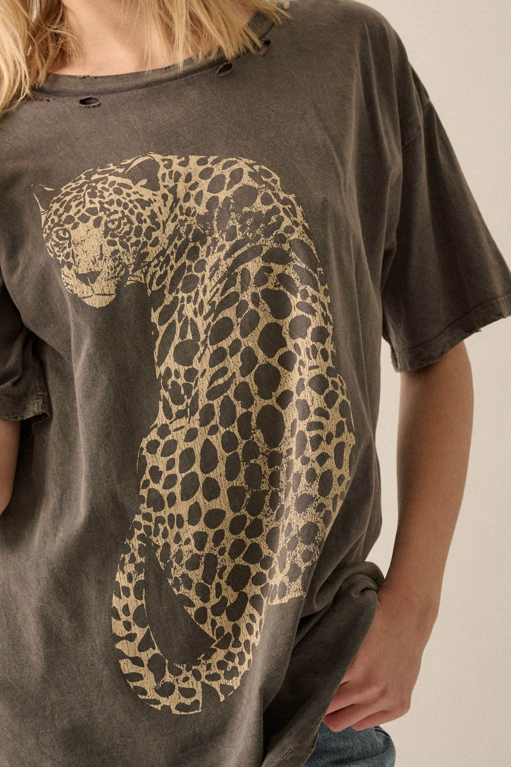 Wild Thing Mineral Tee — vintage cheetah graphic mineral-washed oversized t-shirt in iron gray from Frost Impressions Boutique in Wapakoneta, Ohio.