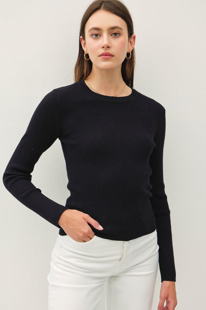 Black crewneck rib knit fitted long sleeve sweater — Chateau Classic Rib Sweater (Black) from Frost Impressions Boutique.
