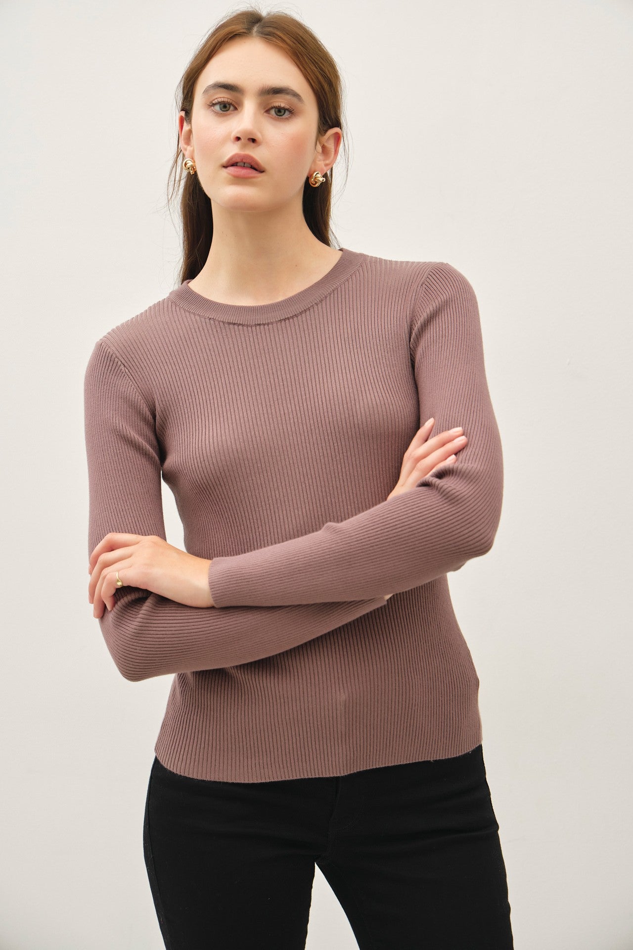 Brown crewneck rib knit fitted long sleeve sweater — Chateau Classic Rib Sweater (Brown) from Frost Impressions Boutique.