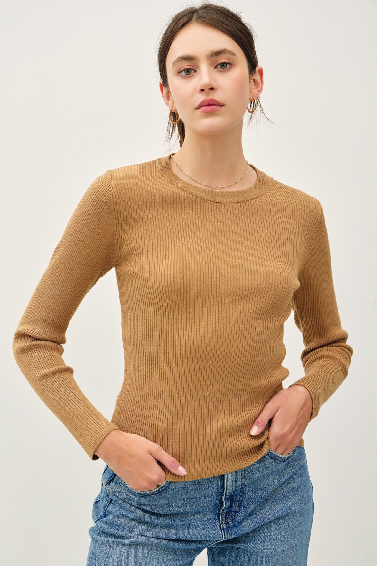 Camel crewneck rib knit fitted long sleeve sweater — Chateau Classic Rib Sweater (Camel) from Frost Impressions Boutique.