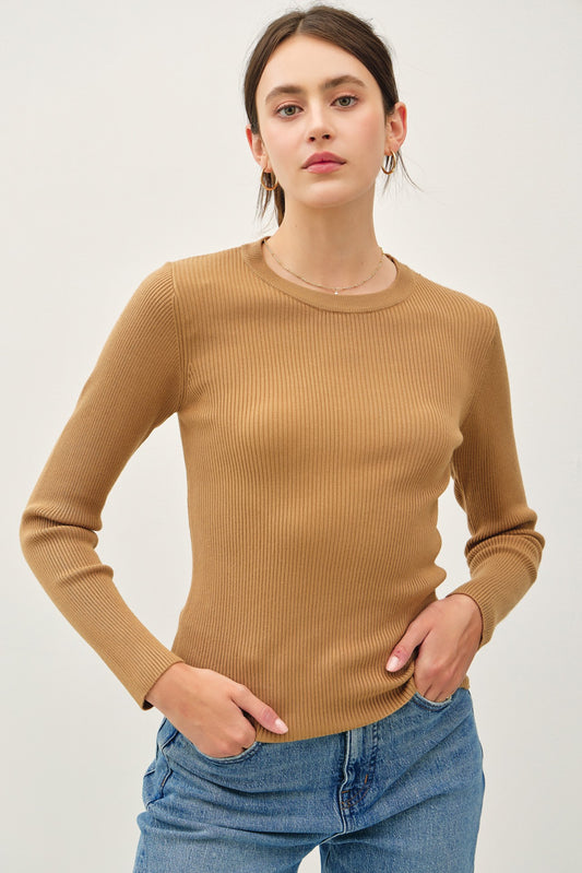 Camel crewneck rib knit fitted long sleeve sweater — Chateau Classic Rib Sweater (Camel) from Frost Impressions Boutique.