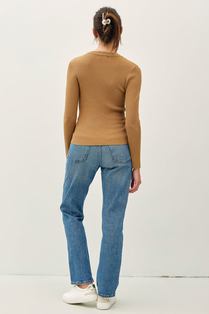 Camel crewneck rib knit fitted long sleeve sweater — Chateau Classic Rib Sweater (Camel) from Frost Impressions Boutique.