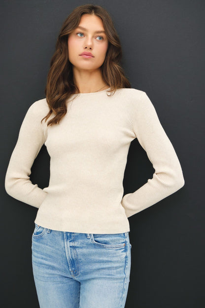 Oatmeal crewneck rib knit fitted long sleeve sweater — Chateau Classic Rib Sweater (Oatmeal) from Frost Impressions Boutique.