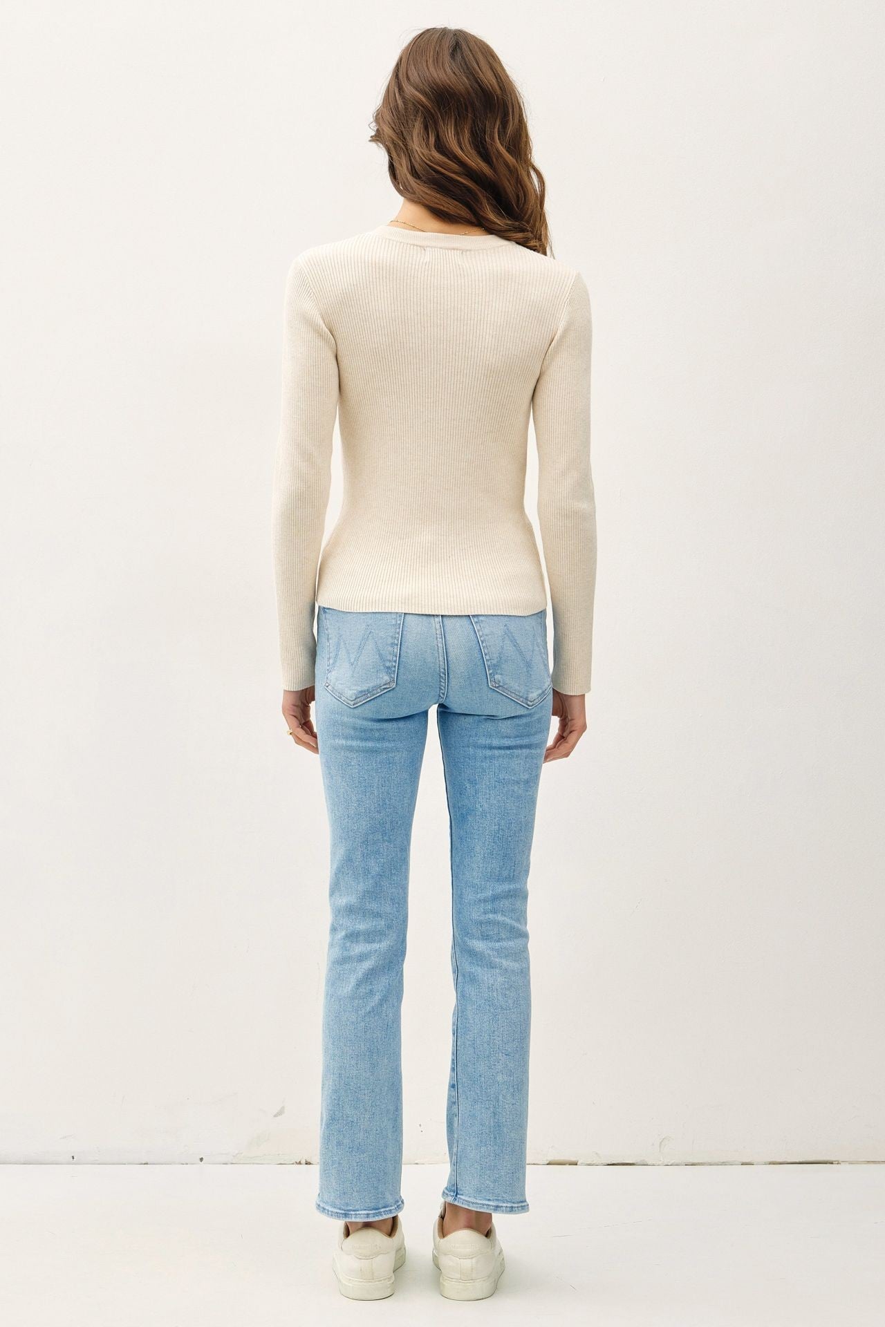 Oatmeal crewneck rib knit fitted long sleeve sweater — Chateau Classic Rib Sweater (Oatmeal) from Frost Impressions Boutique.