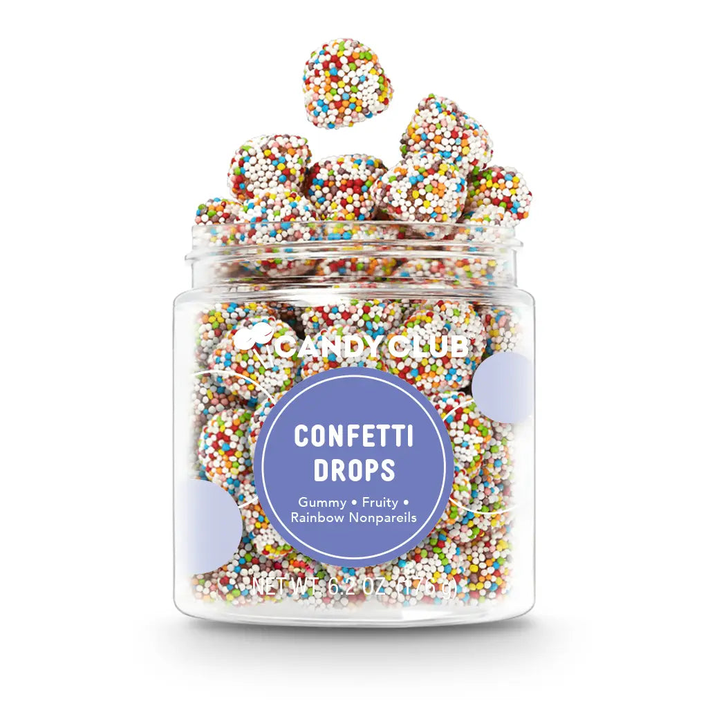 Avery’s Confetti Drops from Candy Club — gummy candy drops coated in rainbow nonpareils, available at Sweet Impressions by Avery.