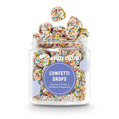 Avery’s Confetti Drops from Candy Club — gummy candy drops coated in rainbow nonpareils, available at Sweet Impressions by Avery.