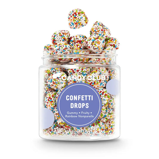 Avery’s Confetti Drops from Candy Club — gummy candy drops coated in rainbow nonpareils, available at Sweet Impressions by Avery.