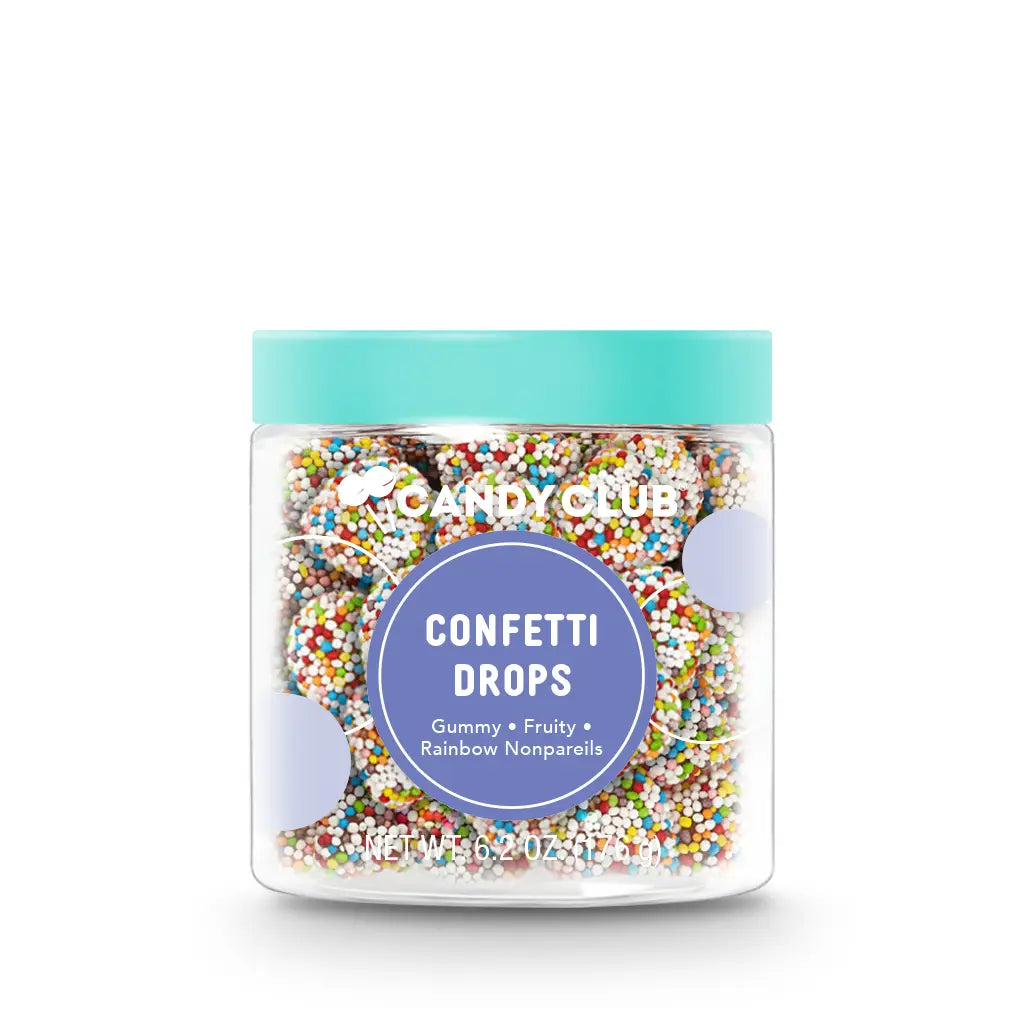 Avery’s Confetti Drops from Candy Club — gummy candy drops coated in rainbow nonpareils, available at Sweet Impressions by Avery.