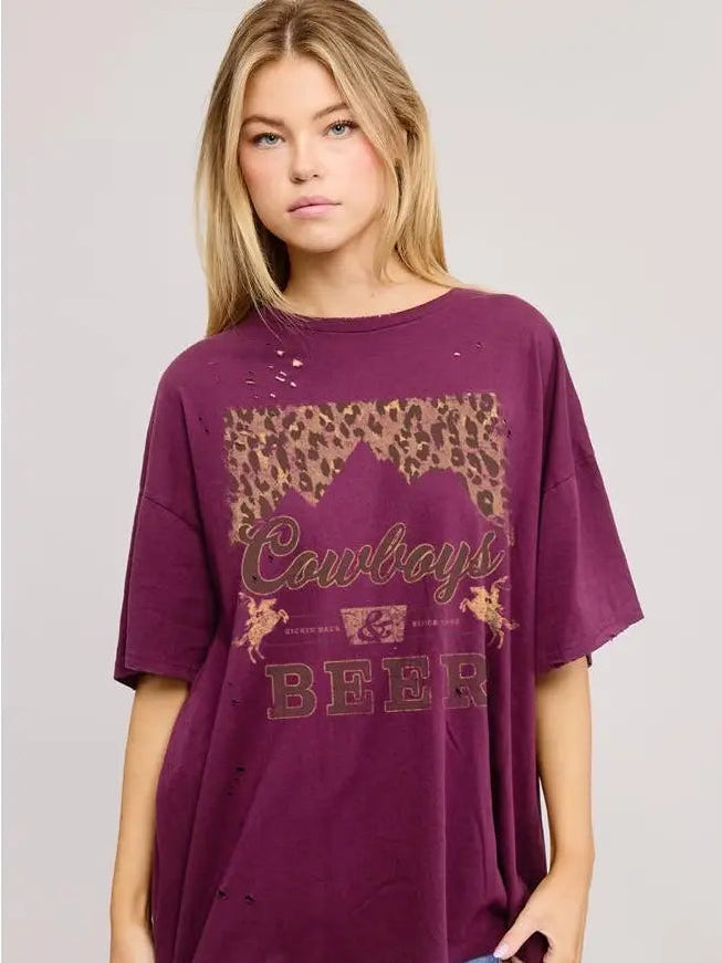 Plum oversized Cowboys & Beer leopard graphic tee — vintage washed Western graphic shirt from Frost Impressions Boutique.