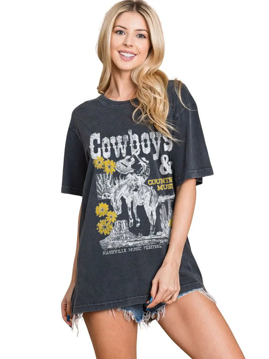Cowboys & Country Music Tee — black vintage-washed boyfriend graphic tee from Frost Impressions Boutique.