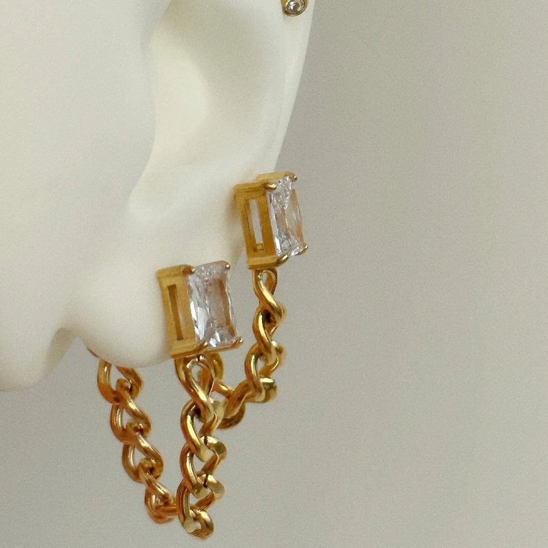 Diamond Chain Earrings — 18k gold plated stainless steel water-resistant chain drop earrings with diamond accents, available at Frost Impressions Boutique in Wapakoneta, Ohio.