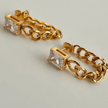 Diamond Chain Earrings — 18k gold plated stainless steel water-resistant chain drop earrings with diamond accents, available at Frost Impressions Boutique in Wapakoneta, Ohio.