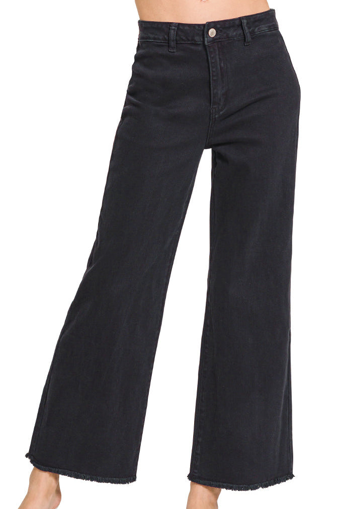 Black acid-washed wide-leg pants with frayed cutoff hem — Midnight Edge Wide Pants from Frost Impressions Boutique.