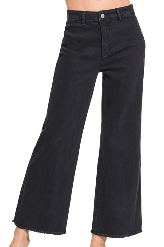 Black acid-washed wide-leg pants with frayed cutoff hem — Midnight Edge Wide Pants from Frost Impressions Boutique.