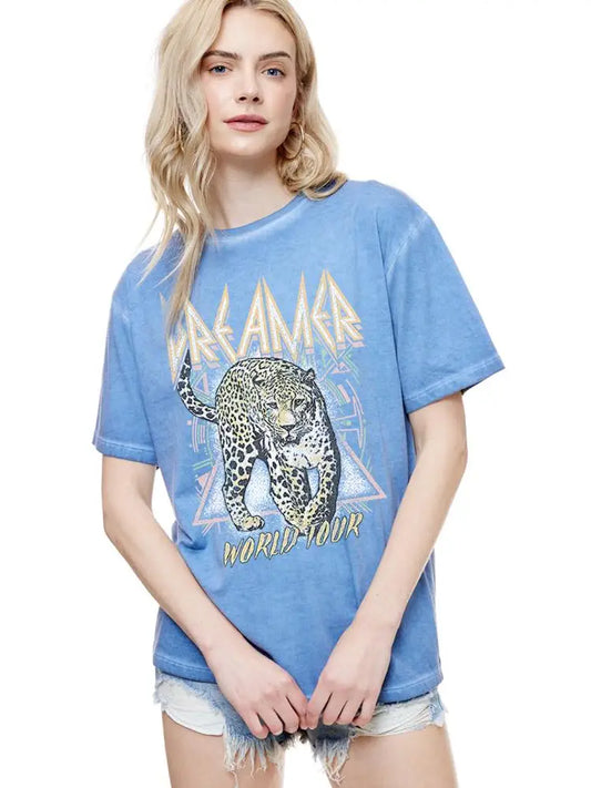 Blue Dreamer World Tour lunar pigment-dyed leopard graphic tee with boxy boyfriend fit — Frost Impressions Boutique.