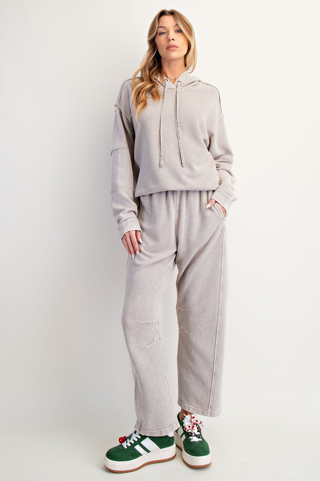 Heather gray mineral washed textured terry lounge set with hoodie pullover and wide-leg pants — Frosted Everyday Set (Heather Gray) from Frost Impressions Boutique.
