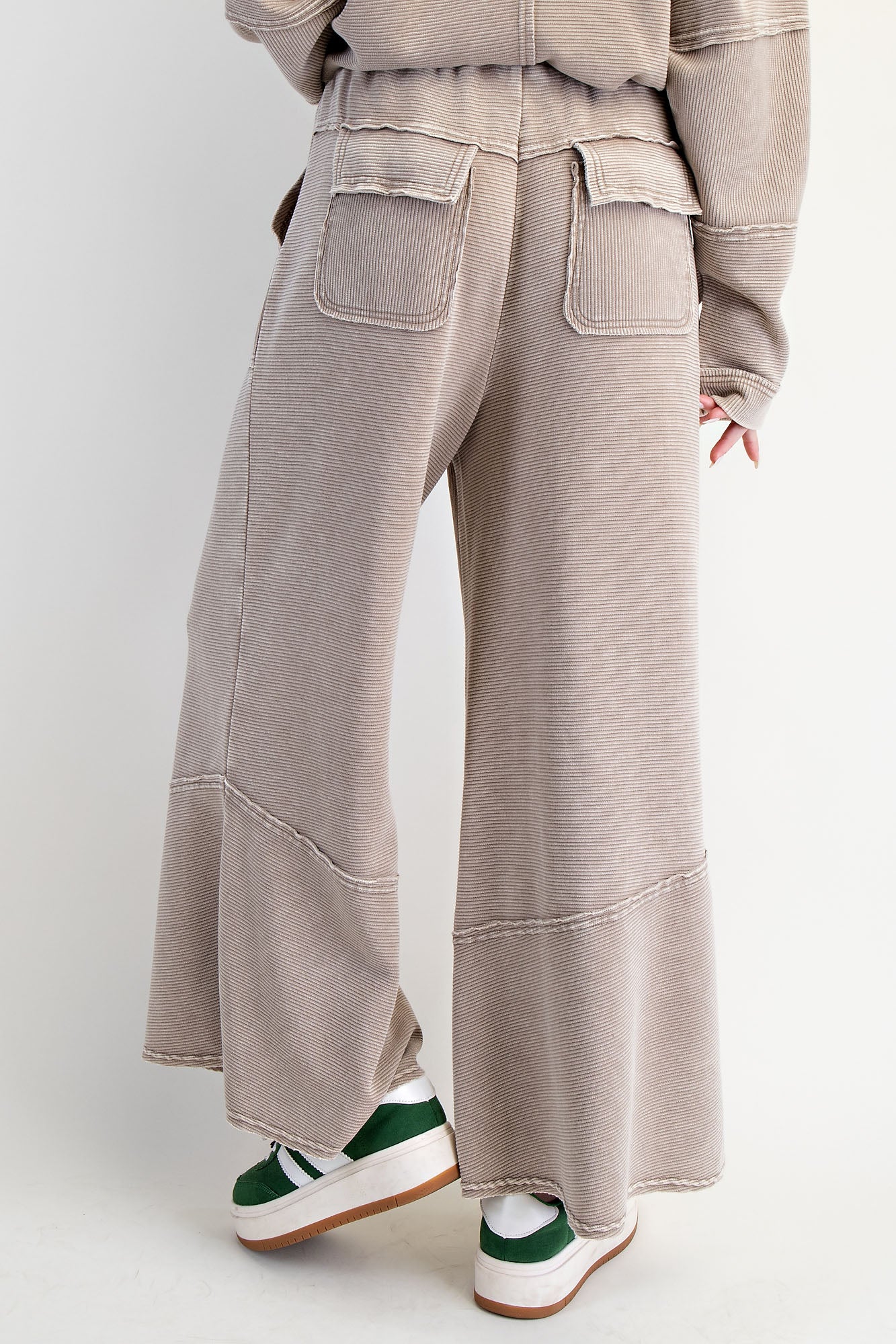 Light mocha textured thermal washed lounge set with collared pullover and bell-bottom pants — The Sunday Set (Lt Mocha) from Frost Impressions Boutique.