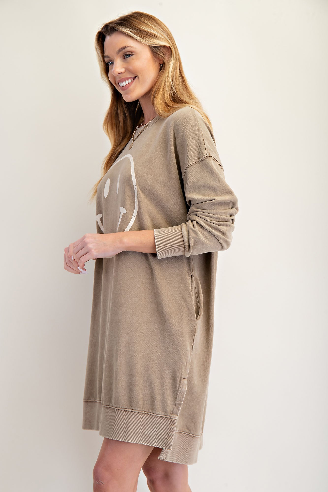 Light brown smiley face mineral washed pullover dress with side slits and pockets — Smiley Days Pullover Dress from Frost Impressions Boutique.
