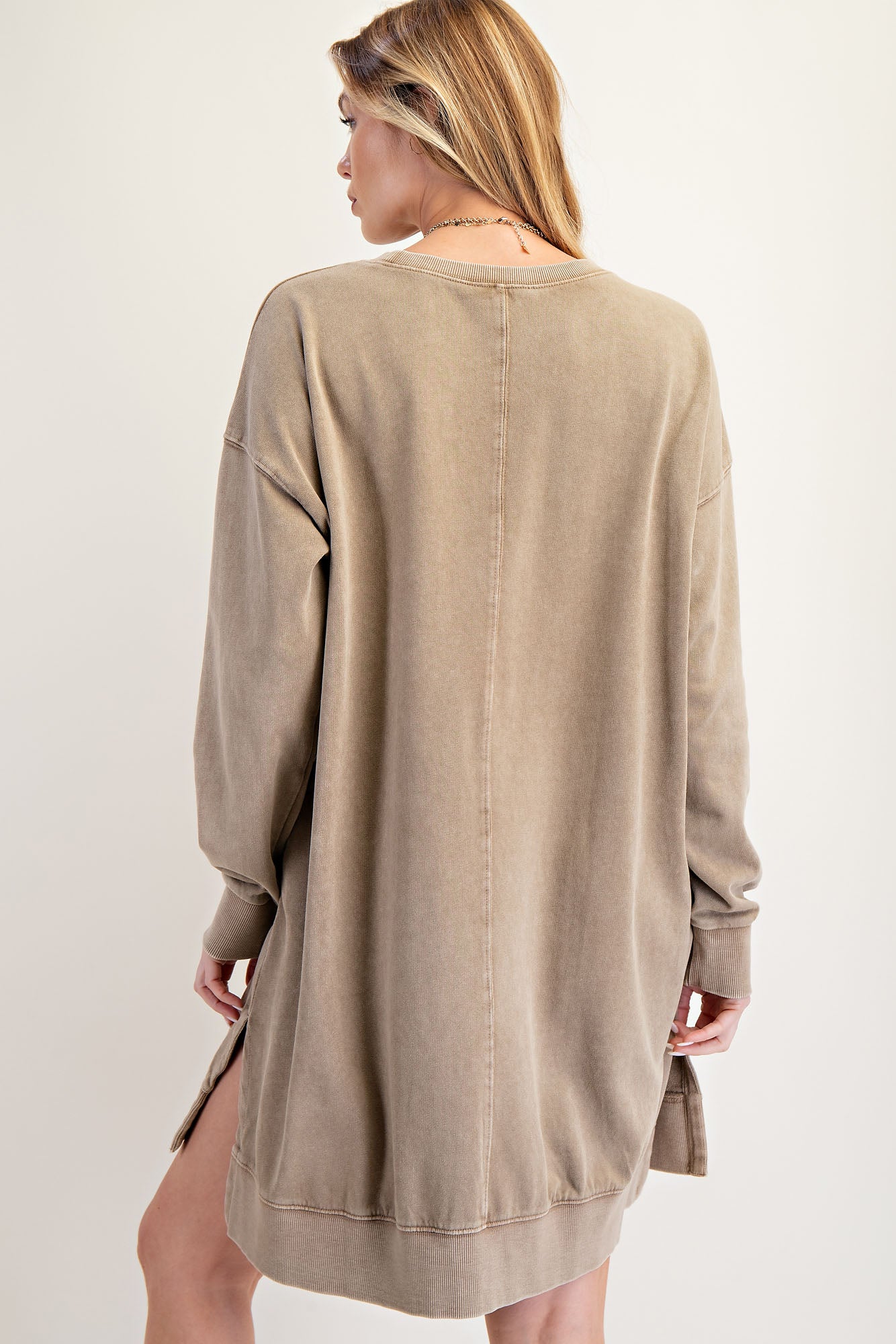 Light brown smiley face mineral washed pullover dress with side slits and pockets — Smiley Days Pullover Dress from Frost Impressions Boutique.