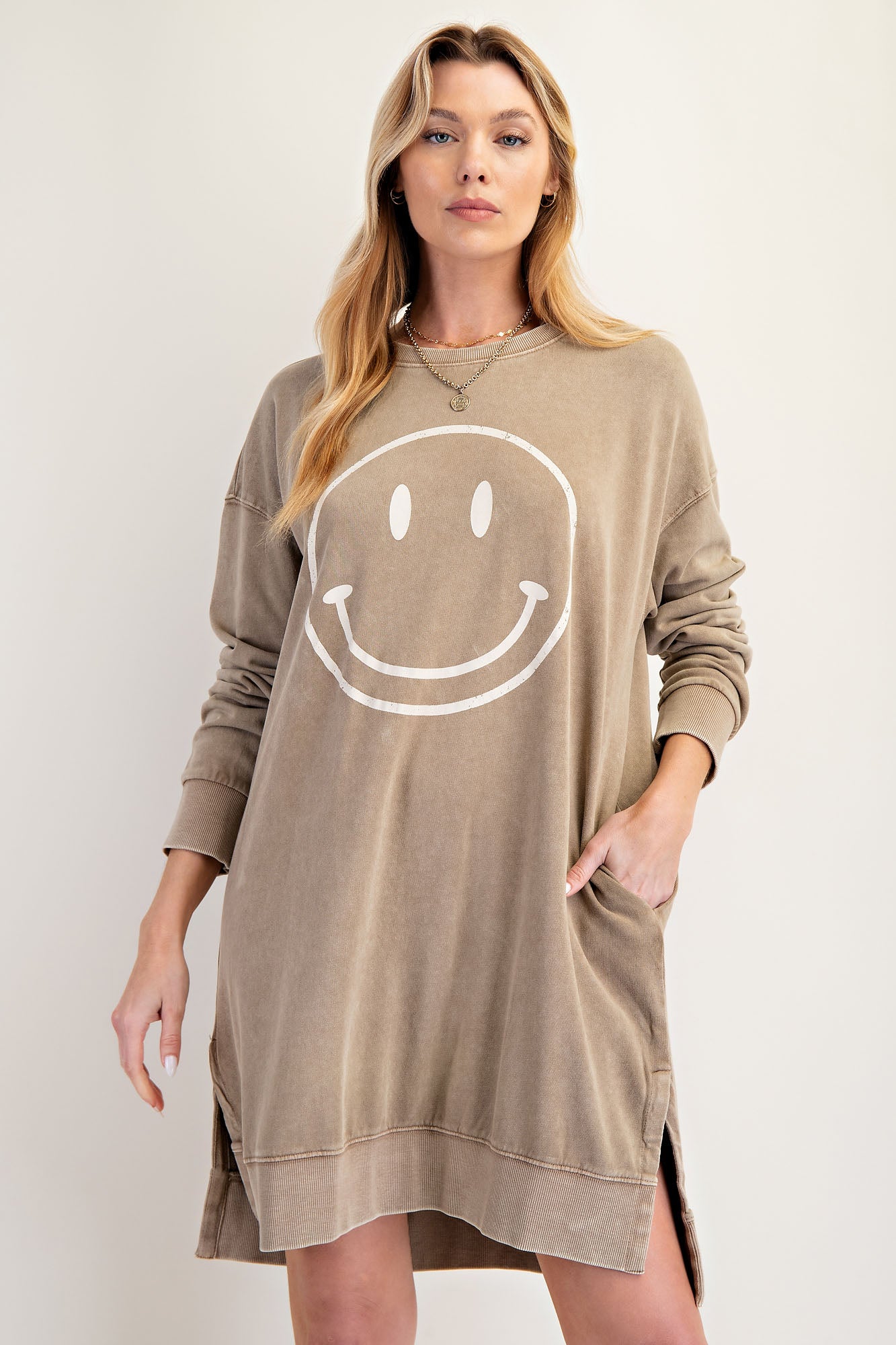 Light brown smiley face mineral washed pullover dress with side slits and pockets — Smiley Days Pullover Dress from Frost Impressions Boutique.