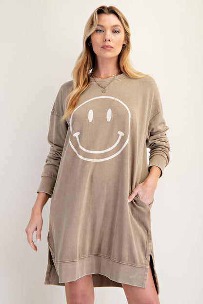 Light brown smiley face mineral washed pullover dress with side slits and pockets — Smiley Days Pullover Dress from Frost Impressions Boutique.