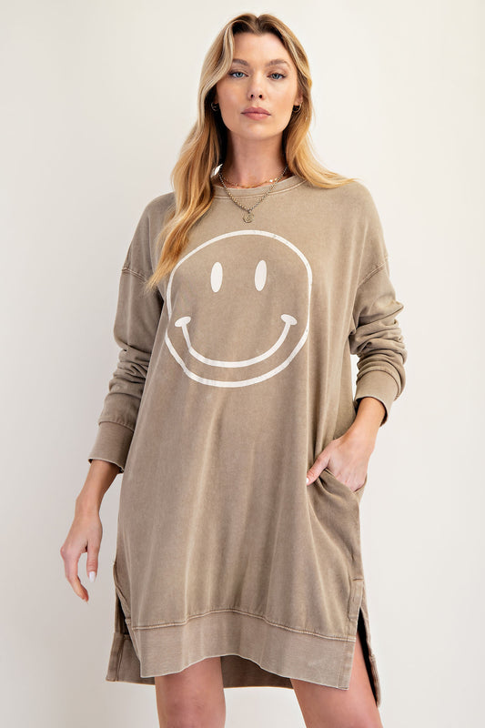 Light brown smiley face mineral washed pullover dress with side slits and pockets — Smiley Days Pullover Dress from Frost Impressions Boutique.