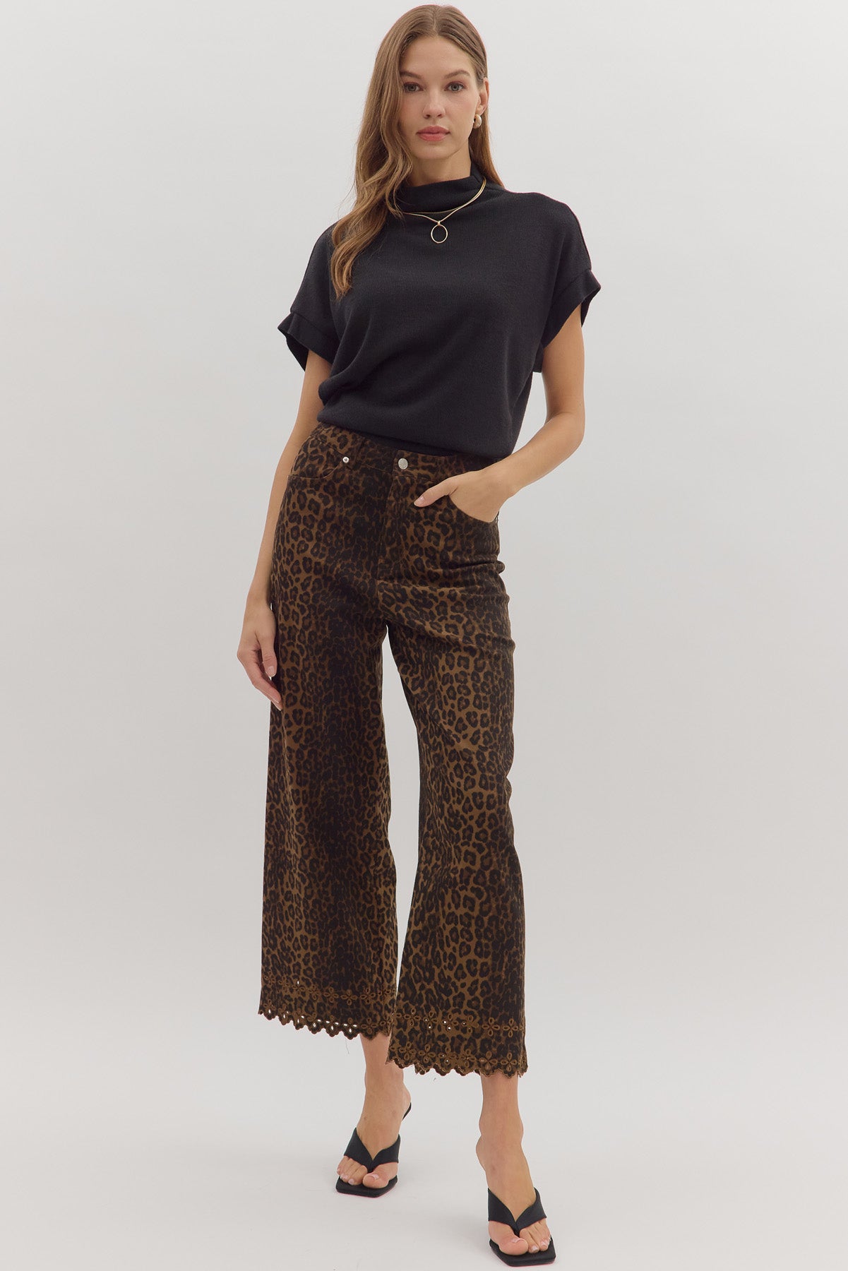 Leopard print pants with floral embroidered hem — Make a (Frost) Impression Pant at Frost Impressions Boutique in Wapakoneta, Ohio.