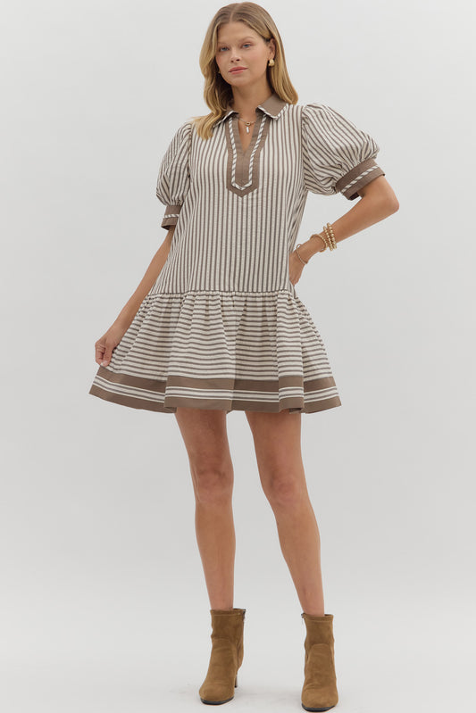 Striped puff sleeve mini dress with contrast collar — Mocha Mousse Mini Dress from Frost Impressions Boutique.